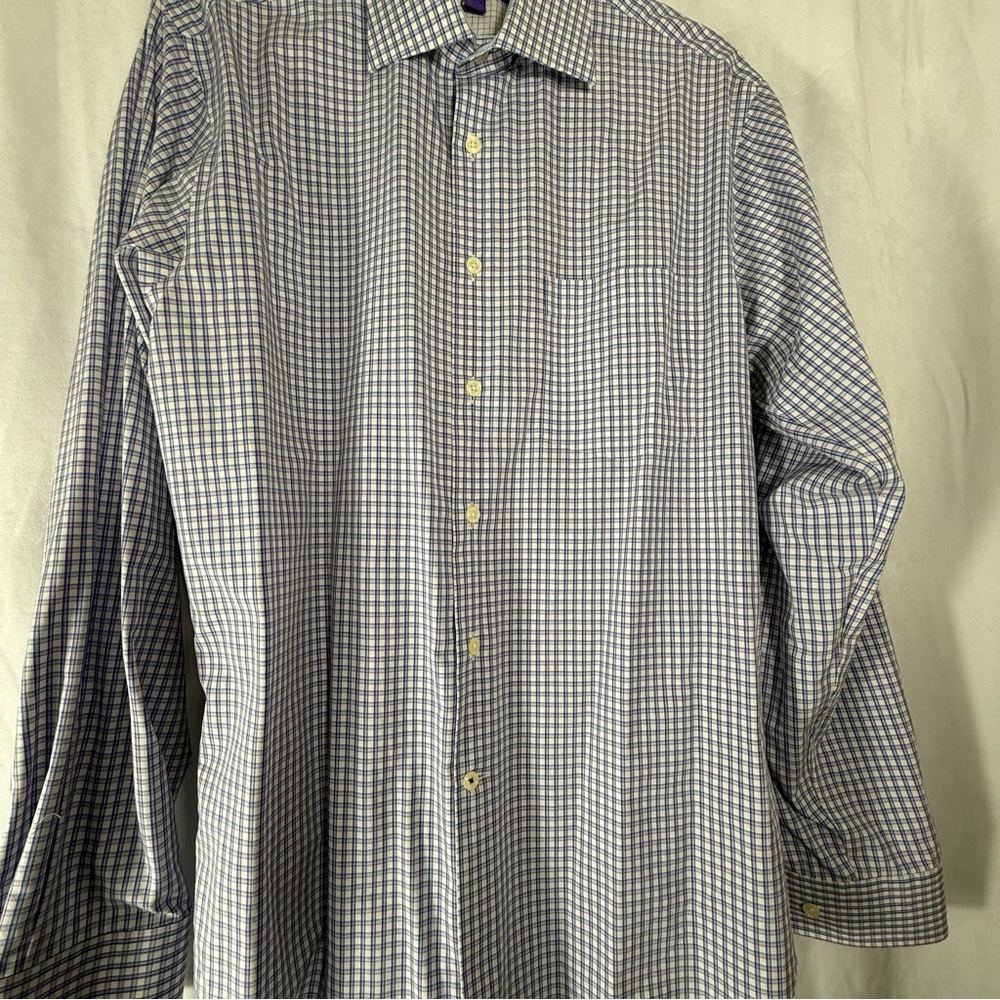 What’s Mens Blue Plaid Long Sleeve Collared‎ Button Up Dress Shirt Fitted Office - Picture 10 of 11